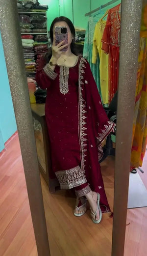 Embroidered Chinnon Silk Suit Set with Dupatta