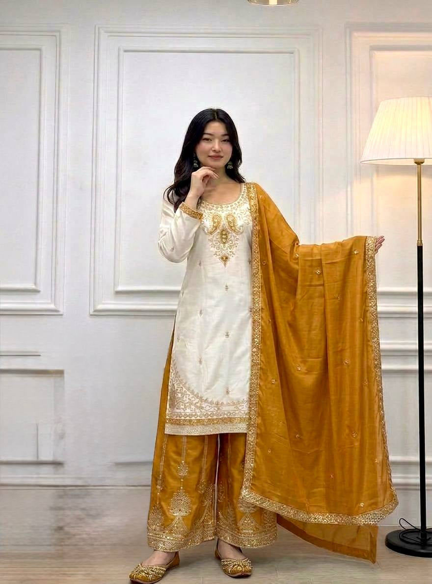 Ivory Contrast Mirror Sharara Set
