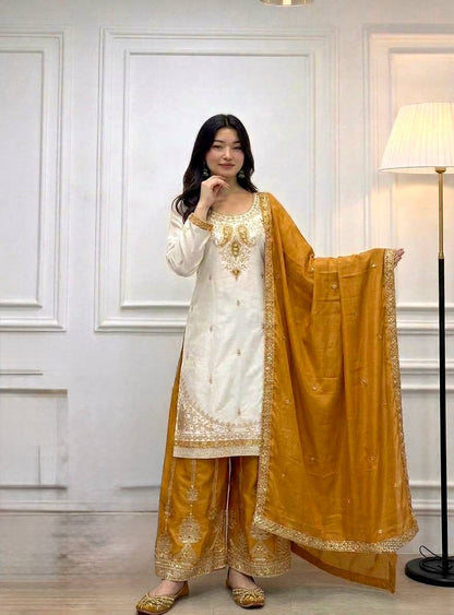 Ivory Contrast Mirror Sharara Set