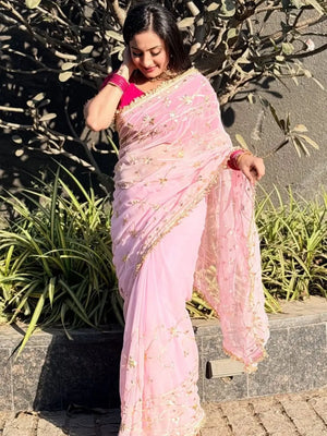 Handworked Gota Patti Georgette Saree with Sequence Lace Border