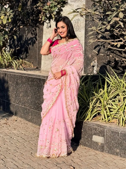 Handworked Gota Patti Georgette Saree with Sequence Lace Border