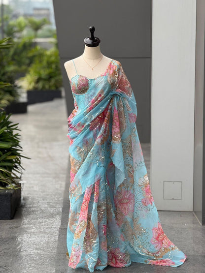 Blush Floral Organza Saree with Sequins