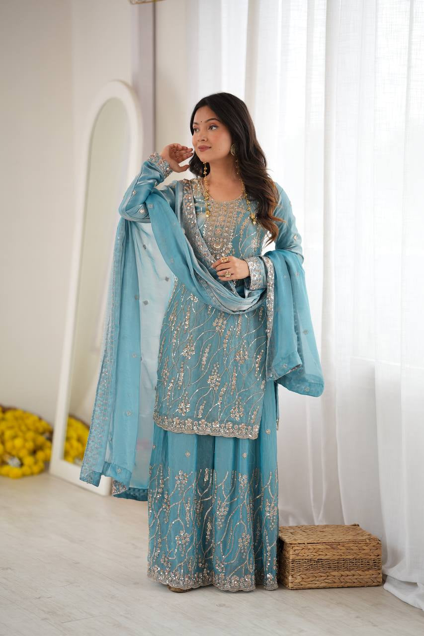 Sky Blue Beaded Sharara Set
