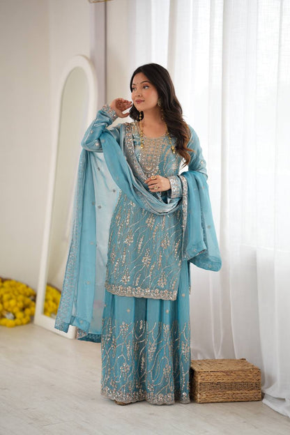 Sky Blue Beaded Sharara Set