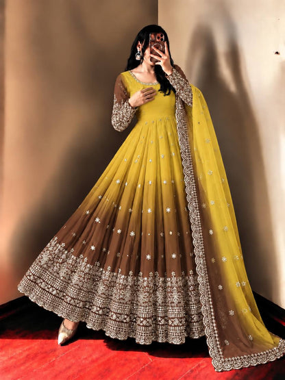 Olive Ombre Georgette Anarkali with Dupatta