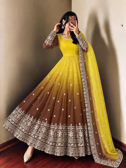 Olive Ombre Georgette Anarkali with Dupatta