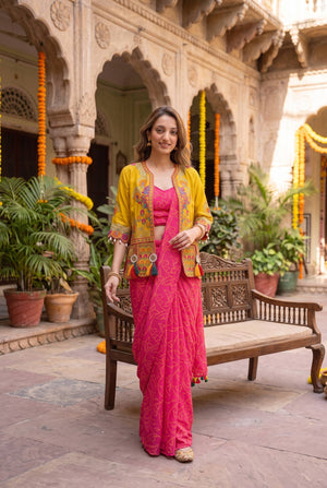 Pink Mirror Jacket Saree Set