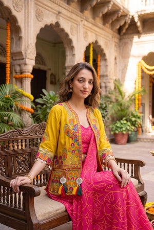 Pink Mirror Jacket Saree Set
