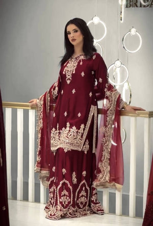 Maroon Satin Sequin Embroidered Suit