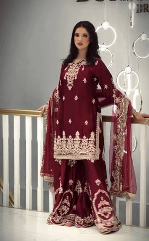Maroon Satin Sequin Embroidered Suit