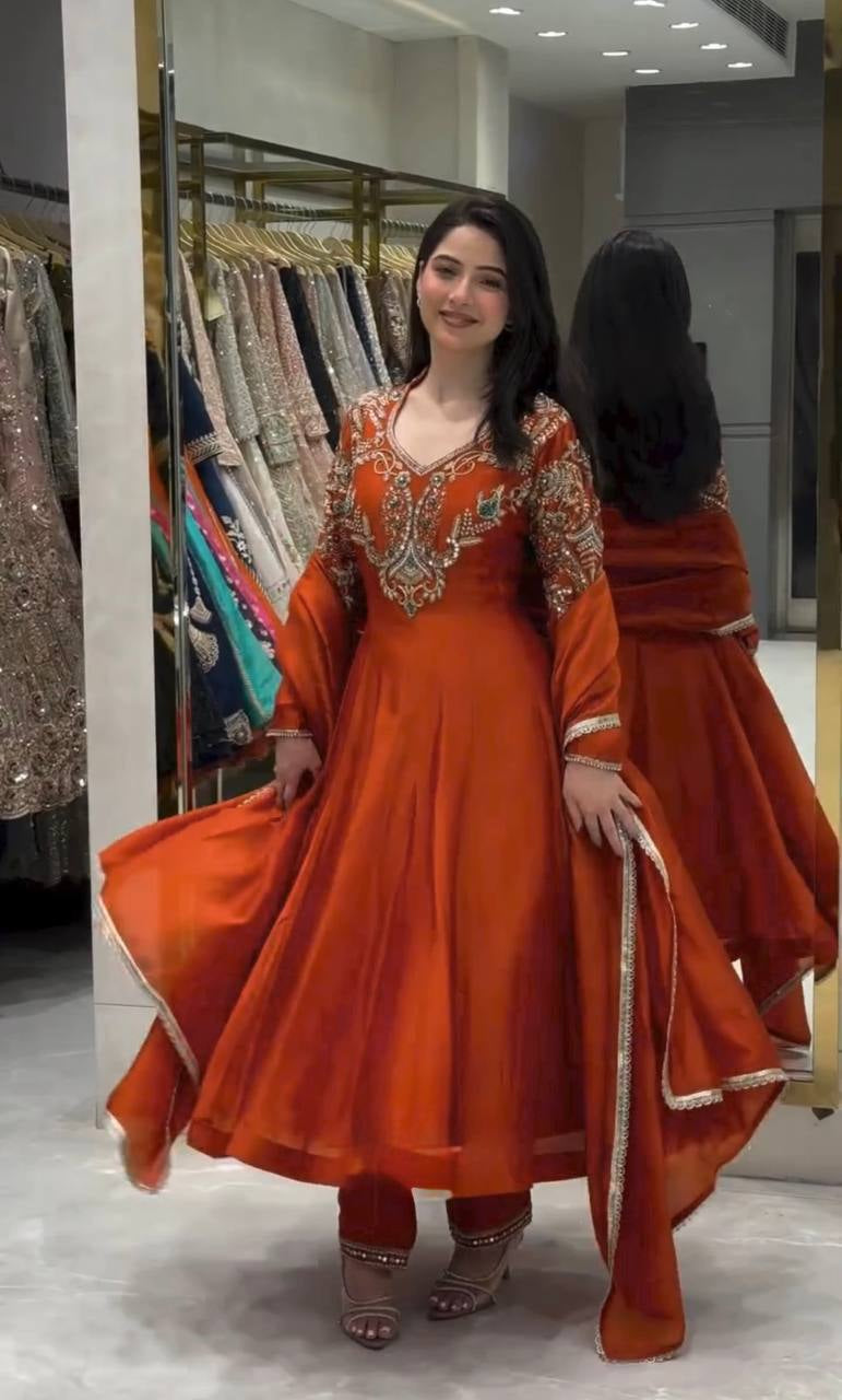 Rust Cutdana Embroidered Gown