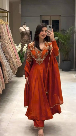 Rust Cutdana Embroidered Gown