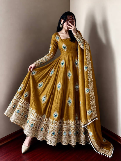 Ivory Peacock Feather Anarkali Gown