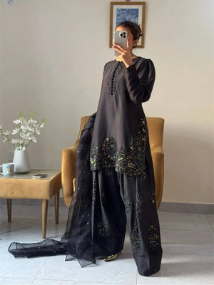 Embroidered Pure Crepe Silk Farshi Suit Set with Dupatta