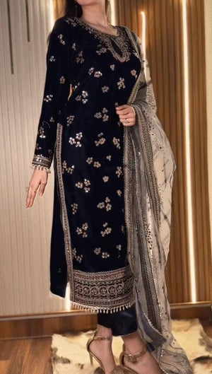 Midnight Velvet Sequin Floral Kurta