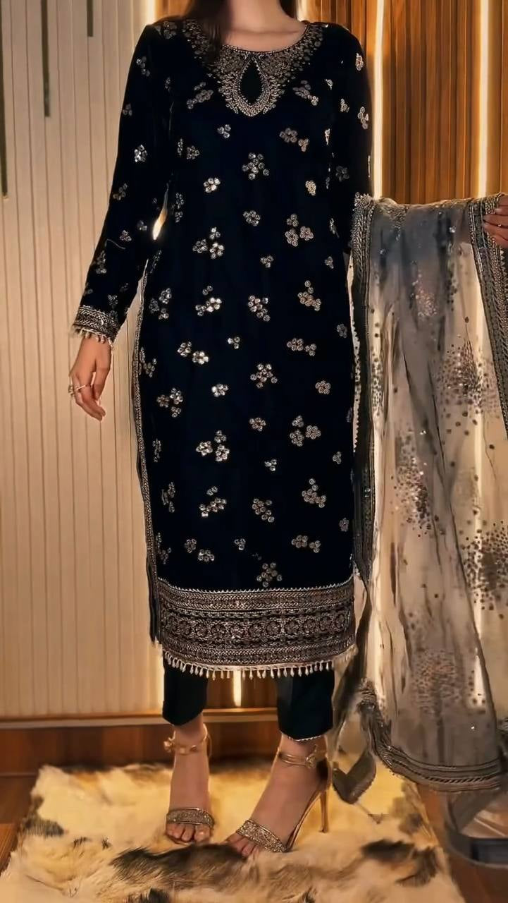 Midnight Velvet Sequin Floral Kurta