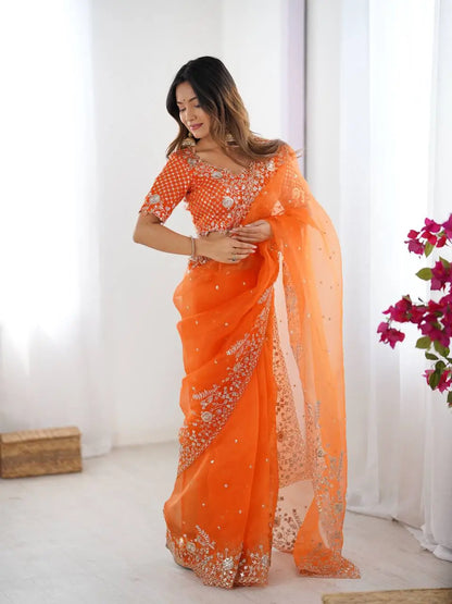 Embroidered Organza Silk Designer Saree with Blouse