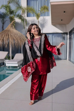 Ice Velvet Zari Embroidered Kurta Palazzo Set With Dupatta