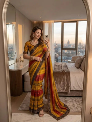 Designer Embroidered Chiffon Silk Saree with Stitched Blouse for Festive and Party Wear