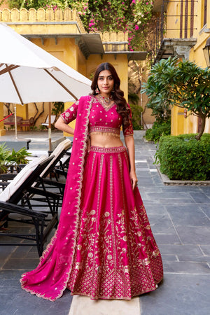 Embroidered Natural Silk Lehenga Choli Set with Organza Dupatta