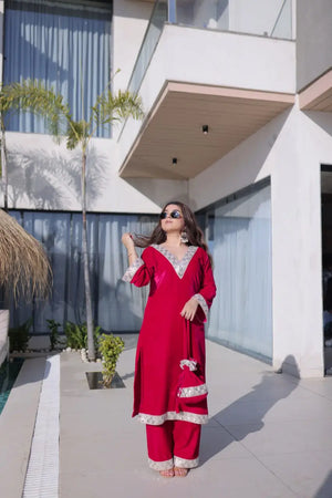 Velvet Zari Mirror Work Kurta Pant Set With Batwa