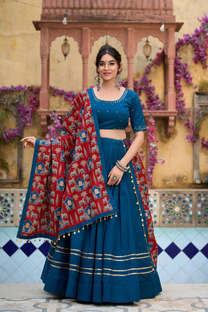 Golden Grace Pure Cotton Mirror Work Lehenga Set