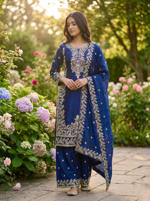 Embroidered Silk Kurta Palazzo Set with Dupatta