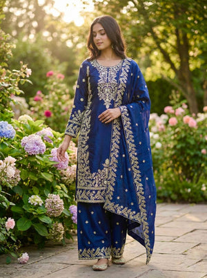 Embroidered Silk Kurta Palazzo Set with Dupatta