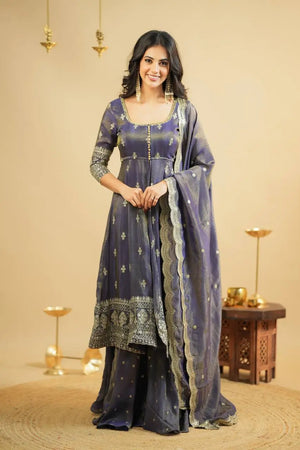Navy Blue Cosmo Embroidered Anarkali Set with Dupatta and Lehenga