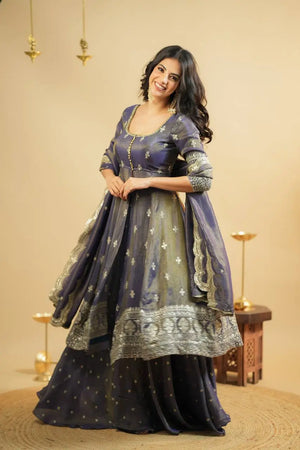 Navy Blue Cosmo Embroidered Anarkali Set with Dupatta and Lehenga