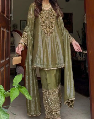 Olive Green Heavy Nylon Embroidered Sequins Kurta Plazzo Set with Soft Silk Palazzo & Lace Dupatta | Festive Party Wear