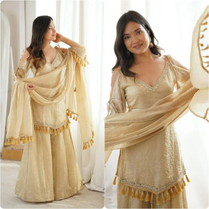 Gold Crepe Kurta Farshi Pant Set with Tassels