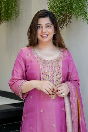 Poonam Embroidered Viscose Simer Kurta Set with Organza Dupatta