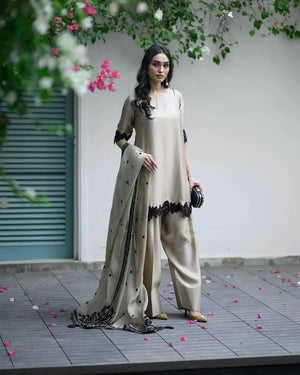 Embroidered Star Georgette Suit Set with Farshi Pant and Dupatta