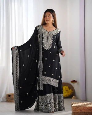 Designer Chinnon Silk Sharara Suit with Embroidery and Dupatta
