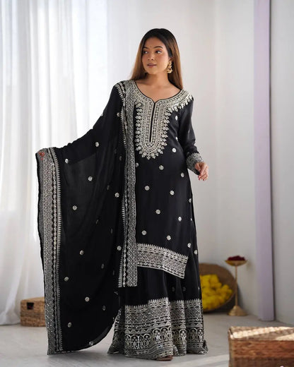 Designer Chinnon Silk Sharara Suit with Embroidery and Dupatta