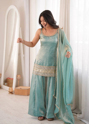 Aqua Mirror Work Kurti Palazzo Set