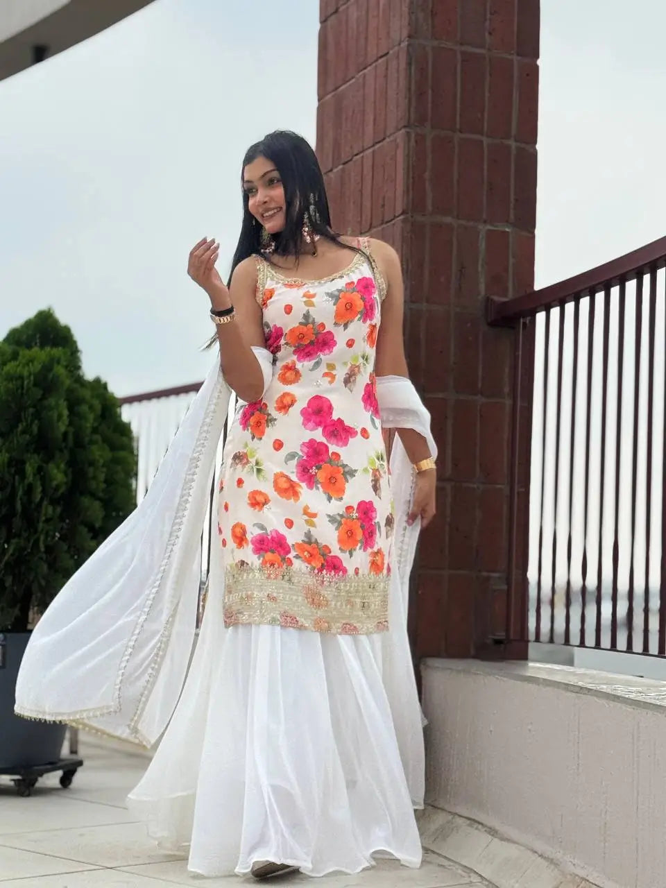 Chinon Silk Floral Palazzo Suit with Dupatta