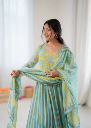 Floral Print Organza Anarkali Gown Set with Dupatta