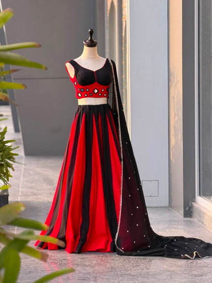Red Cotton Kali Lehenga with Mirror Work