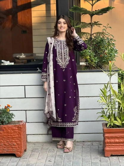 Royal Plum Faux Georgette Embroidered Suit Set for Festive & Wedding Wear