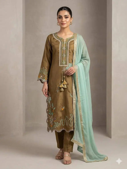 Olive Floral Embroidered Suit