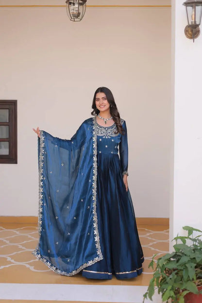 Embroidered Vichitra Silk Festival Gown Set