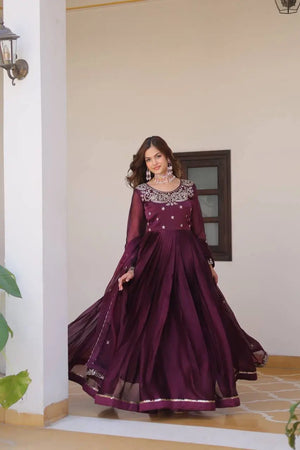 Embroidered Vichitra Silk Festival Gown Set