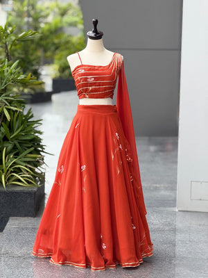Rust Orange Hand Painted Georgette Lehenga