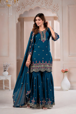 Teal Scalloped Sharara Suit