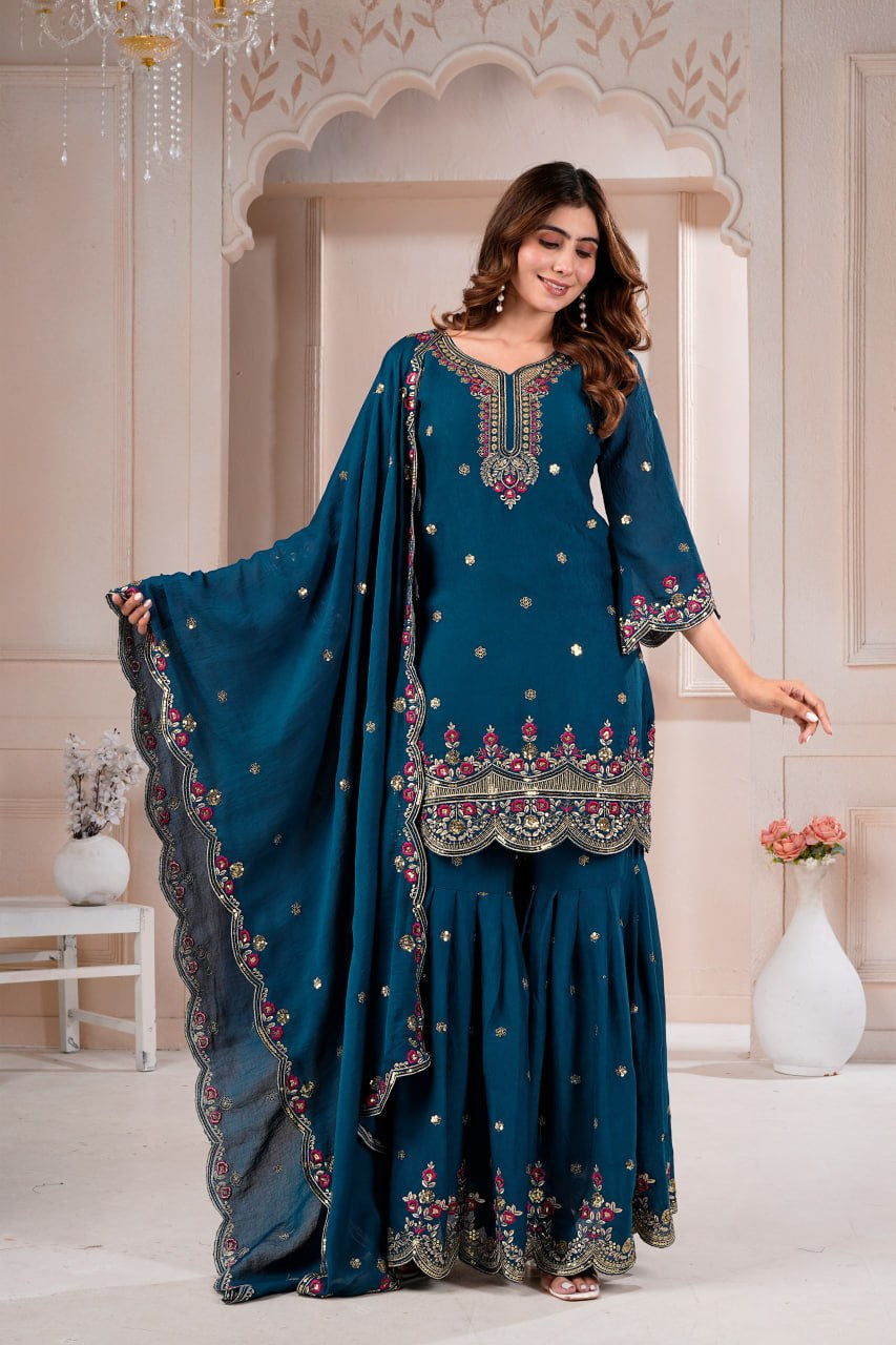 Teal Scalloped Sharara Suit