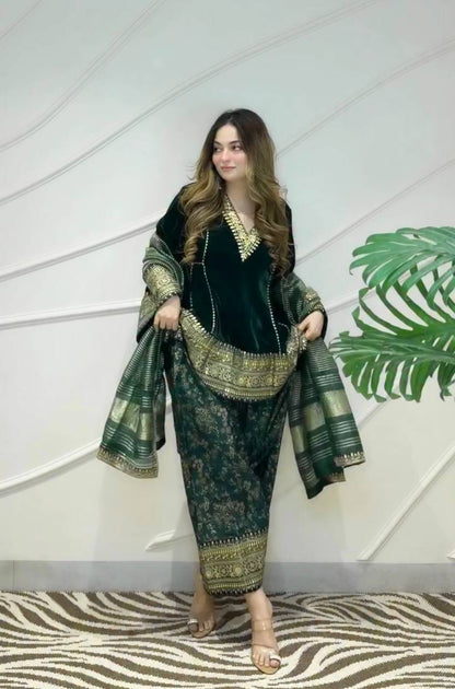 Emerald Velvet Gota Border Suit