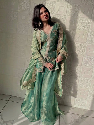 Mint Green Pure Fendi Silk Embroidered Kurta Plazzo Set with Sequin Coding Dori Dupatta | Festive Party Wear