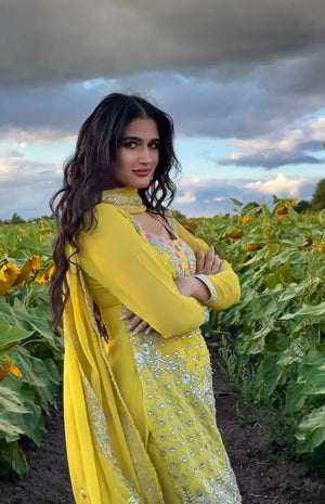 Yellow Heavy Fox Georgette Embroidered Sequins Sharara Suit Set with Dupatta | Festive Party Wear